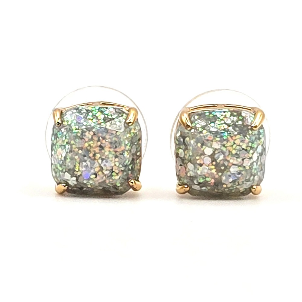 Kate Spade Glitter Square Stud Earrings Gold Tone‎ Opal-Style Iridescent Cushion